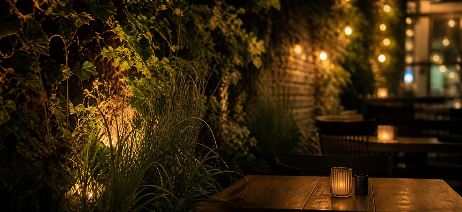 Ein freier Tisch in einem begrünten Hof am Abend, Kerzenlicht und Lichterketten